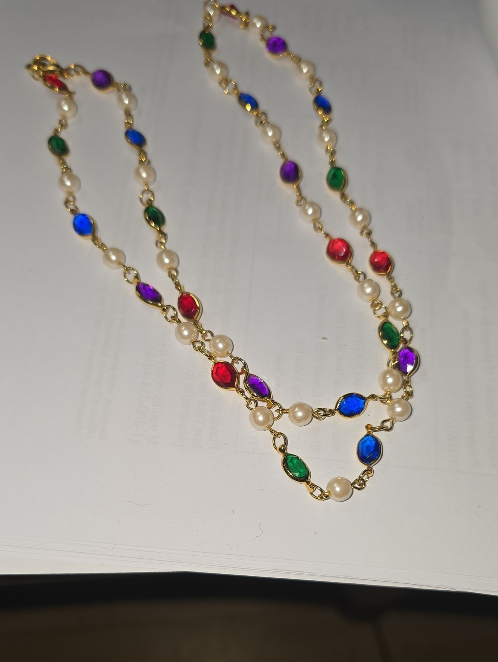 Vintage Gold-Tone Multi Color Bezel Austrian Crystals & Faux Pearl Necklace 30"
